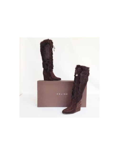 bottes CELINE T36 daim et fourrure marron