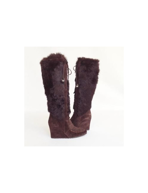 bottes CELINE T36 daim et fourrure marron