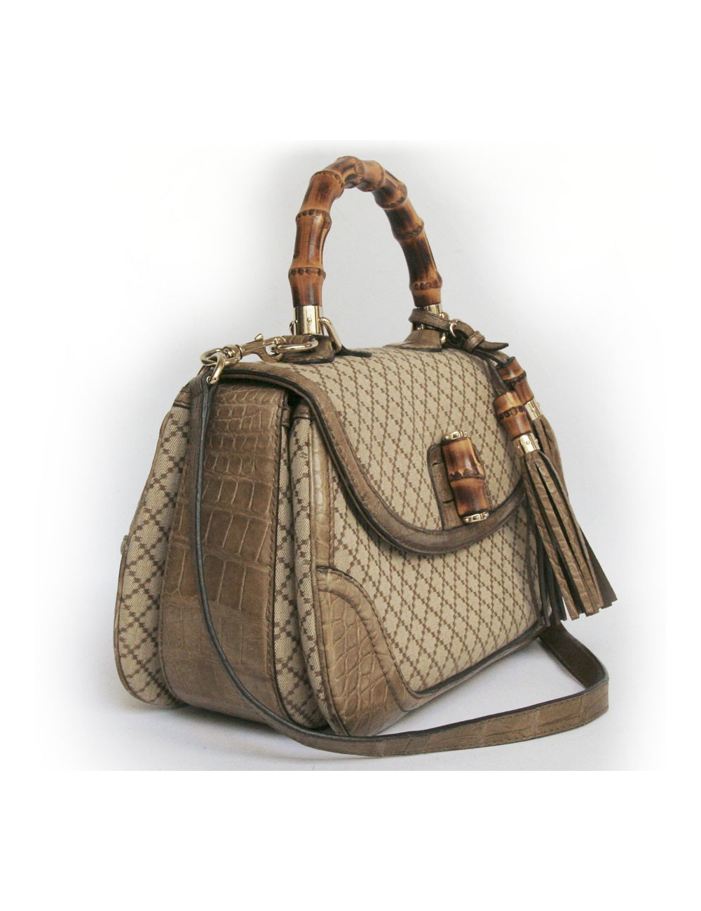 Sac Bamboo GUCCI GM en toile et crocodile