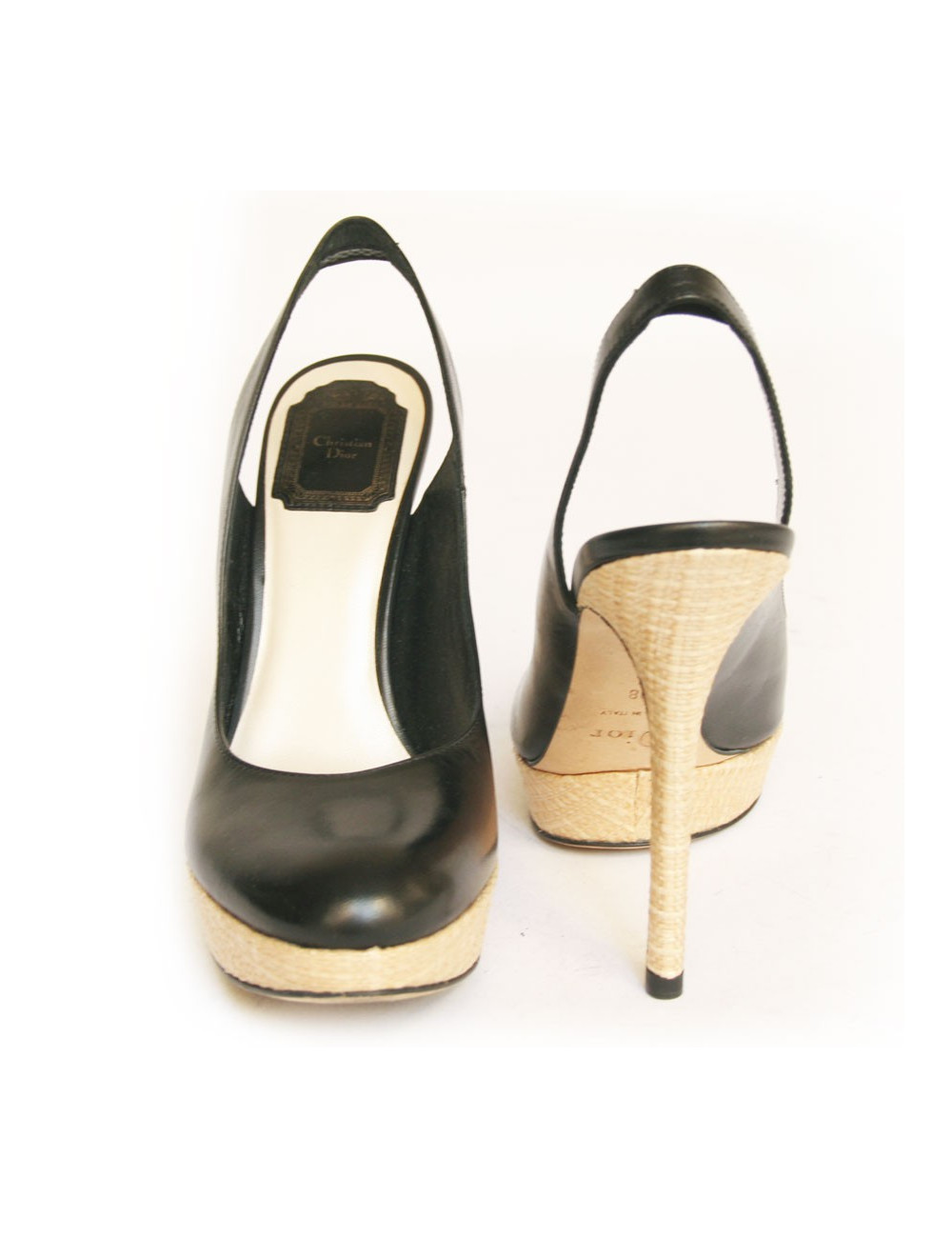 Sandales hautes DIOR  cuir noir et rafia