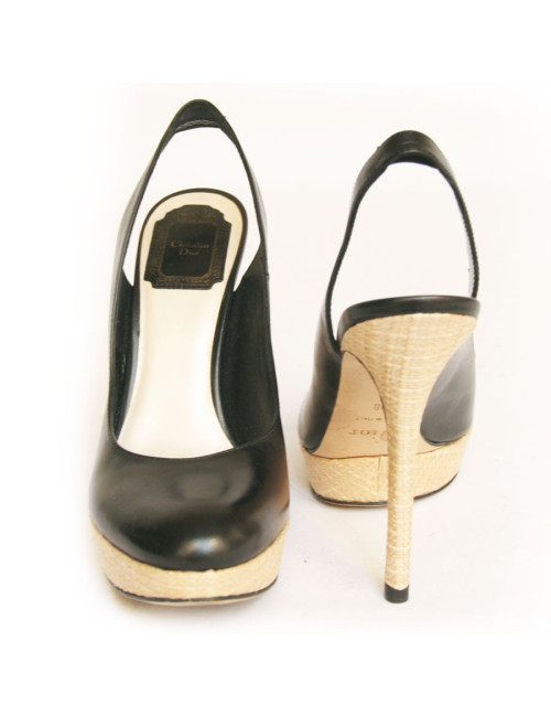 Sandales hautes DIOR  cuir noir et rafia