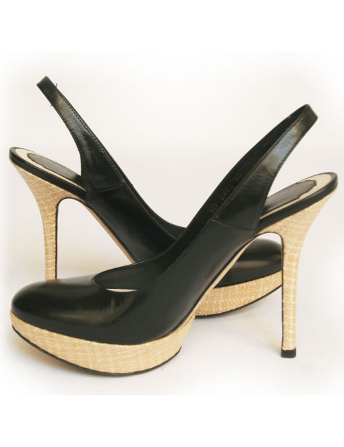 Sandales hautes DIOR  cuir noir et rafia