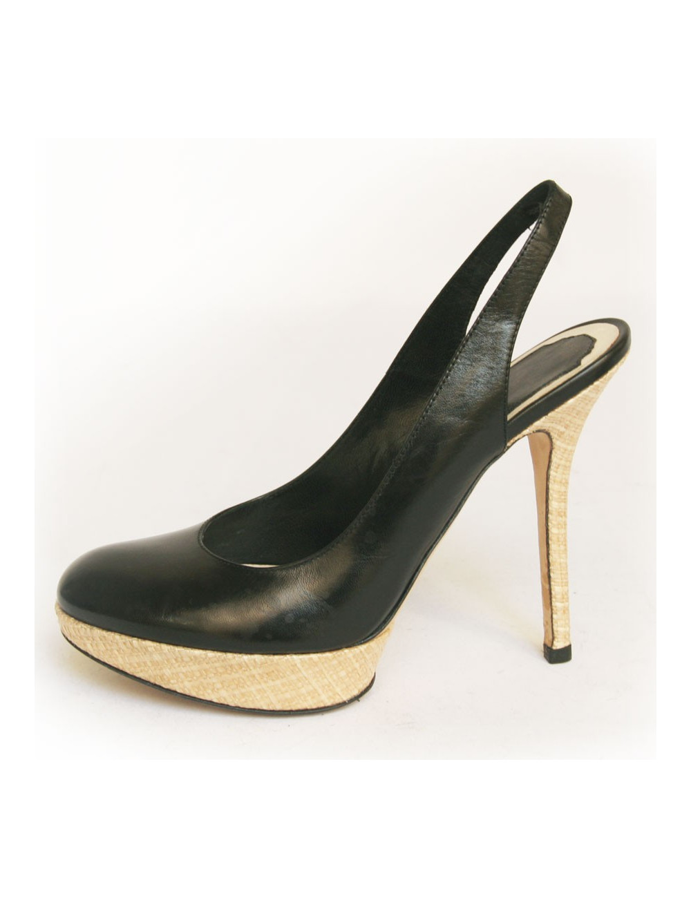 Sandales hautes DIOR  cuir noir et rafia