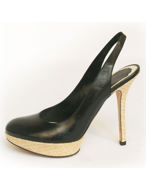 Sandales hautes DIOR  cuir noir et rafia