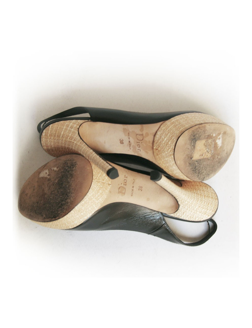 Sandales hautes DIOR  cuir noir et rafia