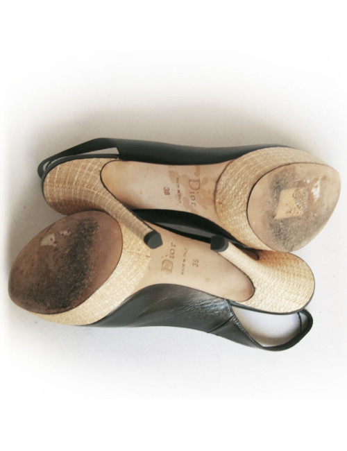 Sandales hautes DIOR  cuir noir et rafia