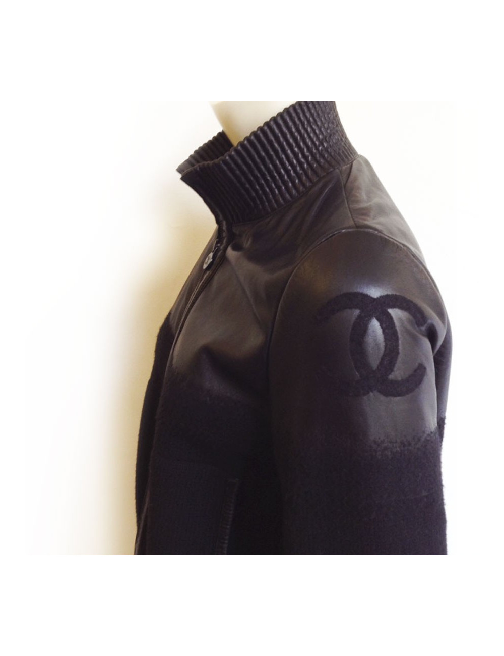 Blouson CHANEL cuir et laine noir