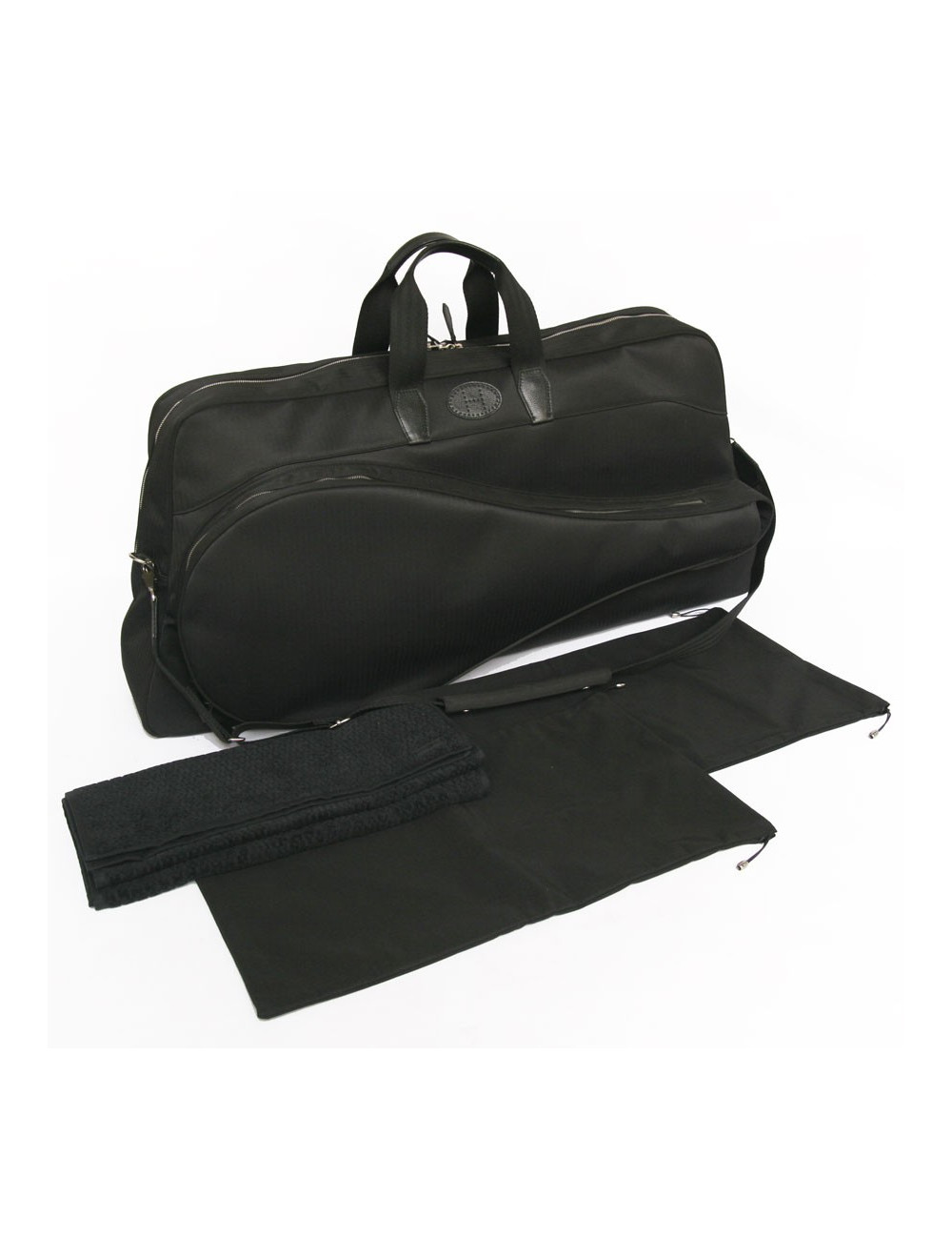 HERMÈS tennis bag in black chevron canvas with its towel