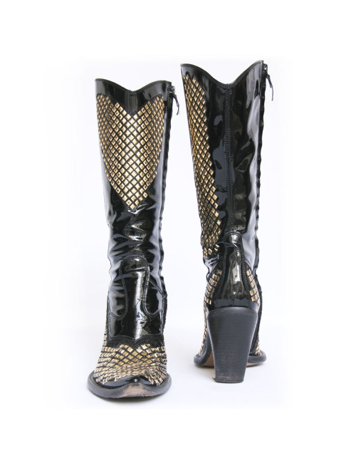 Santiags DAMY T37 en cuir verni et strass doré