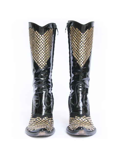 Santiags DAMY T37 en cuir verni et strass doré