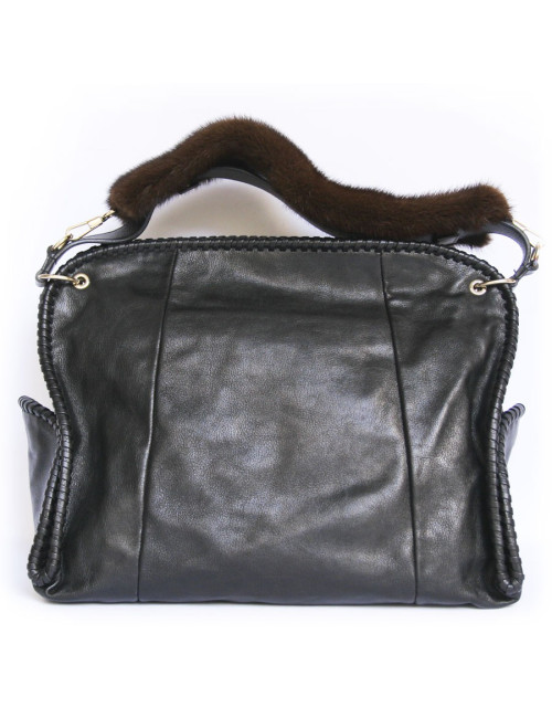 Sac cabas YVES SAINT LAURENT cuir noir et vison