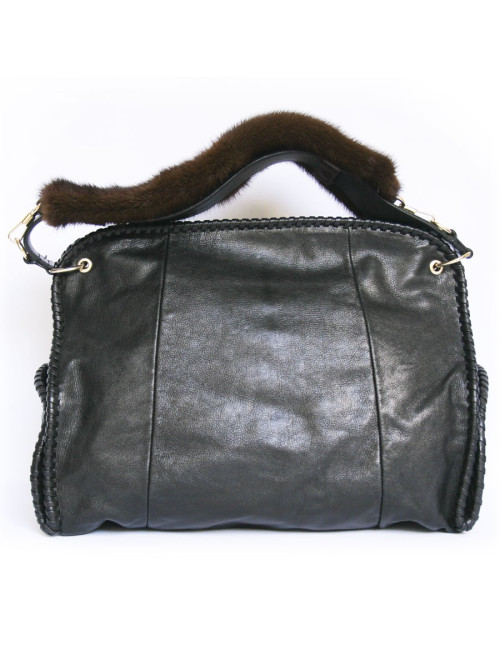 Sac cabas YVES SAINT LAURENT cuir noir et vison