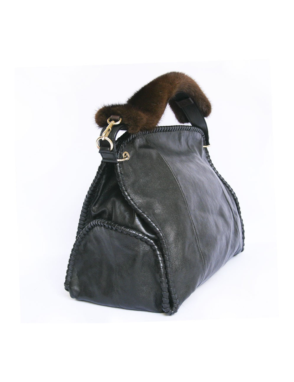 Sac cabas YVES SAINT LAURENT cuir noir et vison