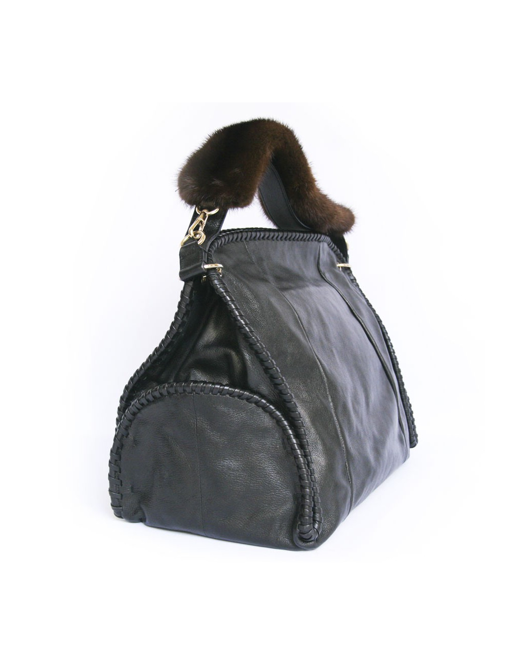 Sac cabas YVES SAINT LAURENT cuir noir et vison