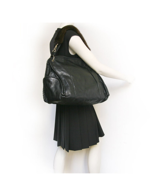 Sac cabas YVES SAINT LAURENT cuir noir et vison