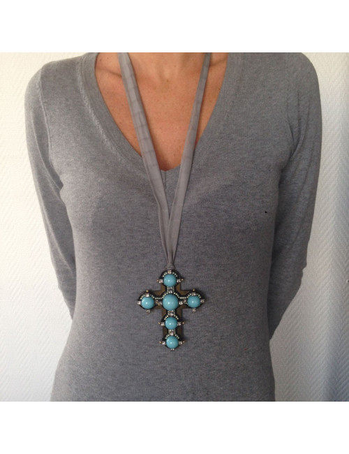 Collier LANVIN crucifix turquoise
