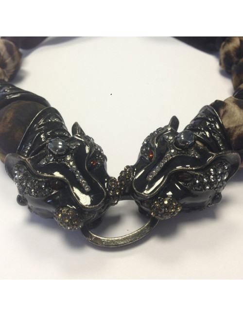 collier LANVIN tête de tigre en résine noire et strass