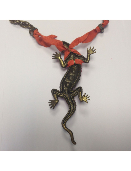 Collier LANVIN Salamandre en strass rouge et chaîne laiton