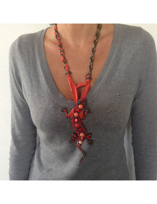 Collier LANVIN Salamandre en strass rouge et chaîne laiton