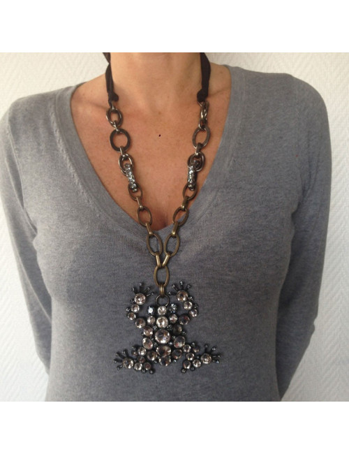 Collier - broche LANVIN grenouille strass et chaîne