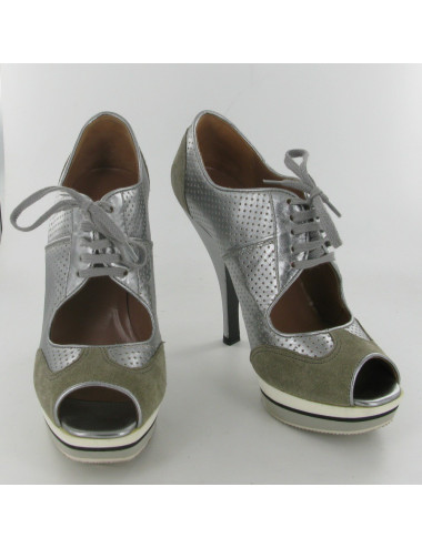 ALAIA high heels 36.5 in silver perforated leather and gray suede