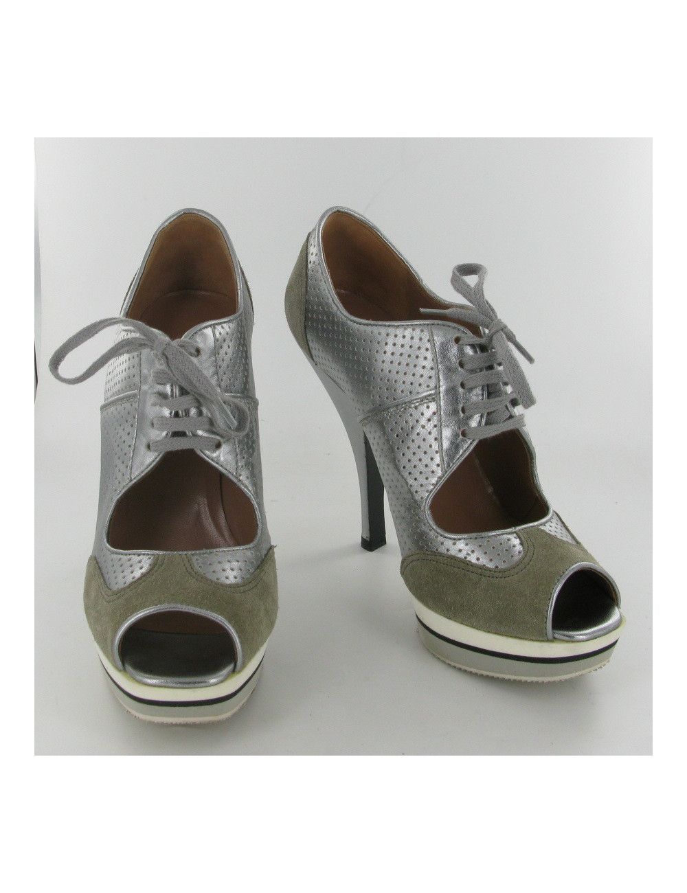 ALAIA high heels 36.5 in silver perforated leather and gray suede