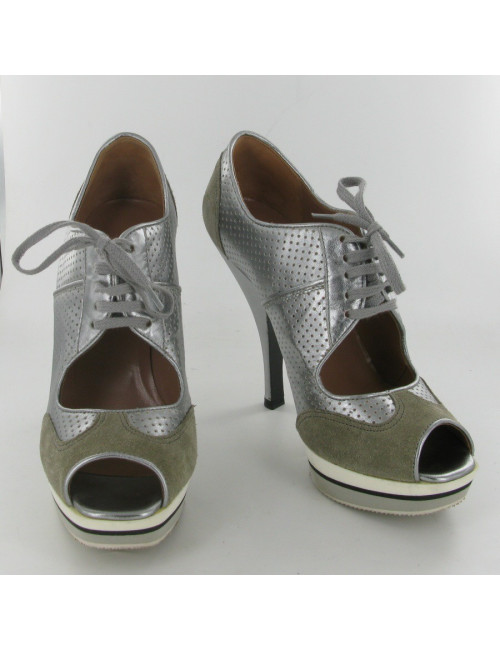 ALAIA high heels 36.5 in silver perforated leather and gray suede