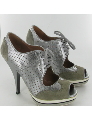 ALAIA high heels 36.5 in silver perforated leather and gray suede 2