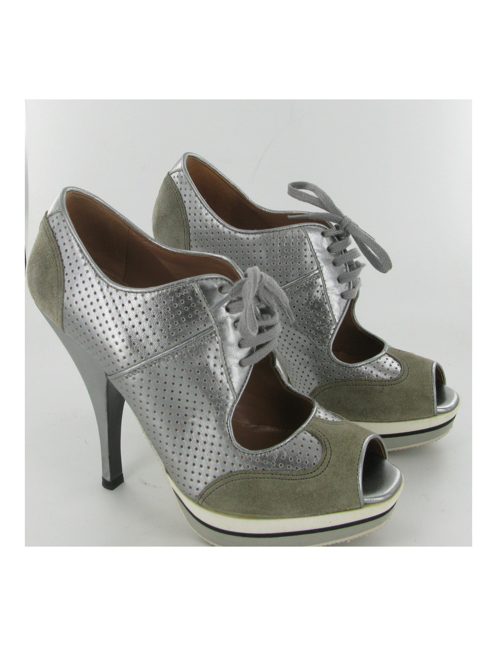 ALAIA high heels 36.5 in silver perforated leather and gray suede