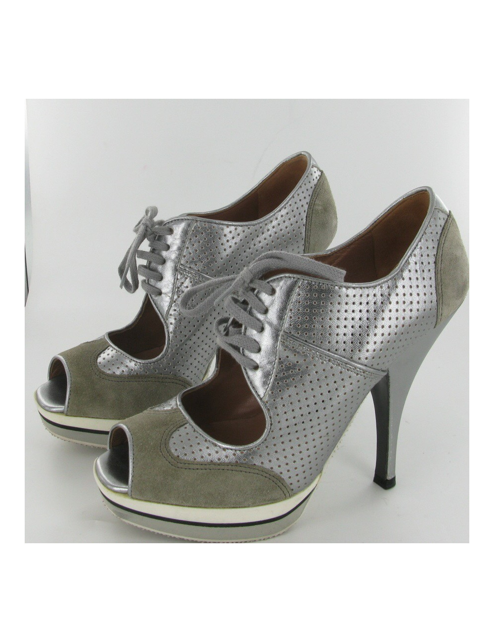 ALAIA high heels 36.5 in silver perforated leather and gray suede