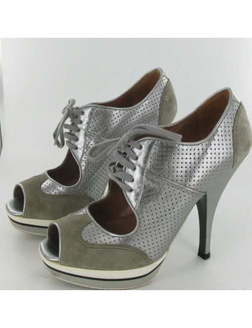 ALAIA high heels 36.5 in silver perforated leather and gray suede
