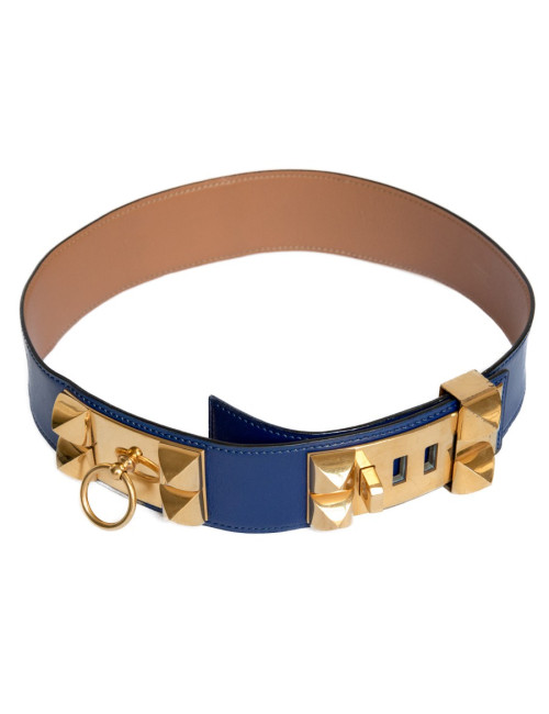 Ceinture Médor HERMES cuir bleu encre t 70