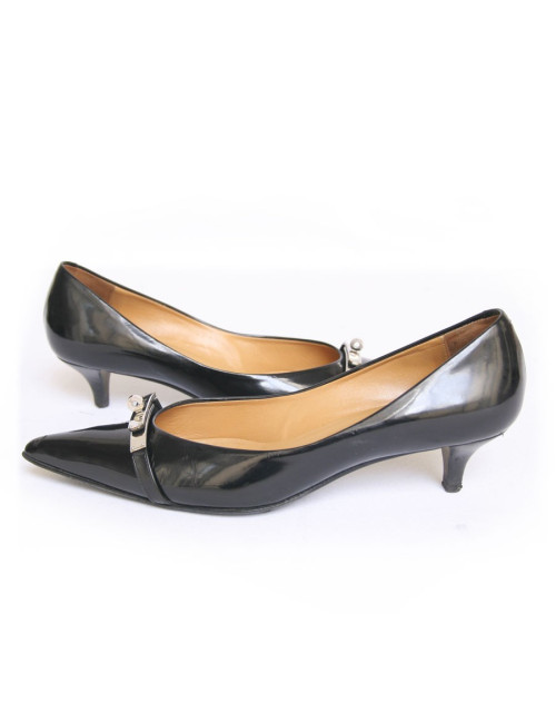 Escarpins HERMES T37 boucle Kelly cuir noir