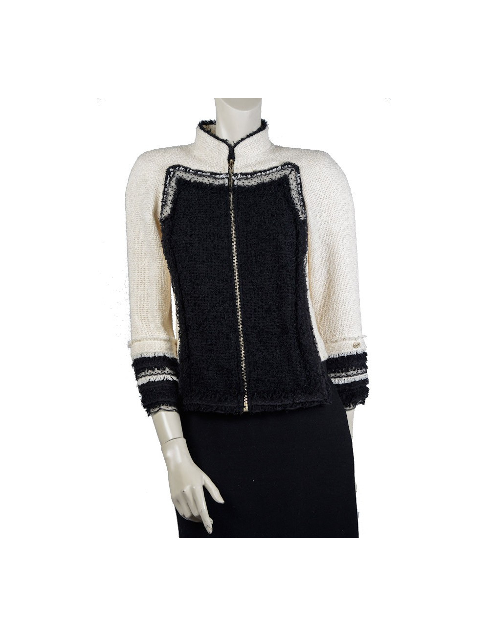 Veste CHANEL T 36 tweed beige et noir