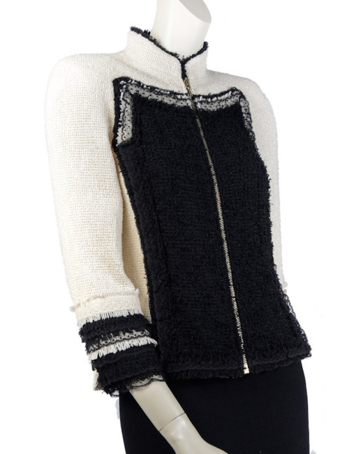 Veste CHANEL T 36 tweed beige et noir