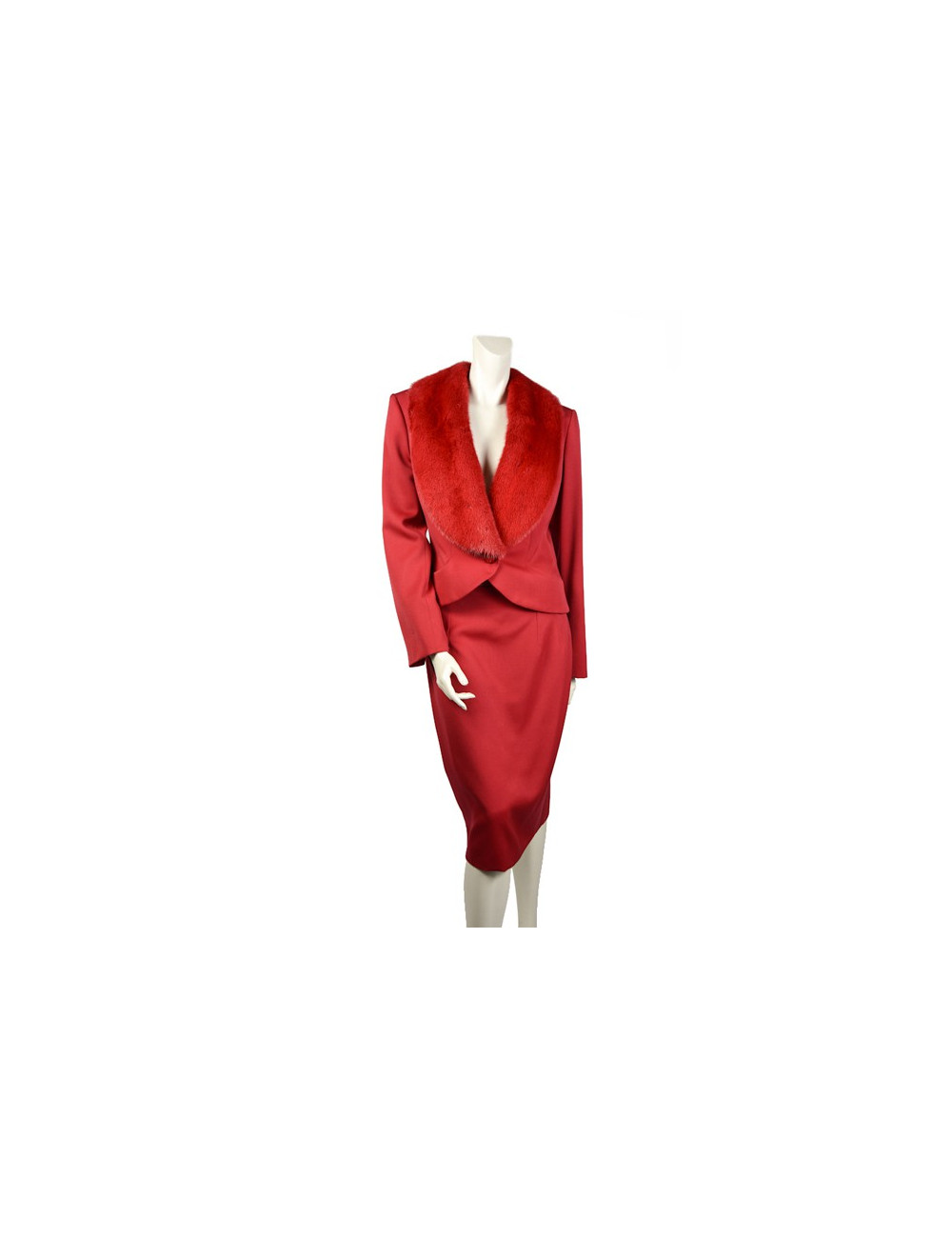 Tailleur CHRISTIAN DIOR rouge avec col en vison