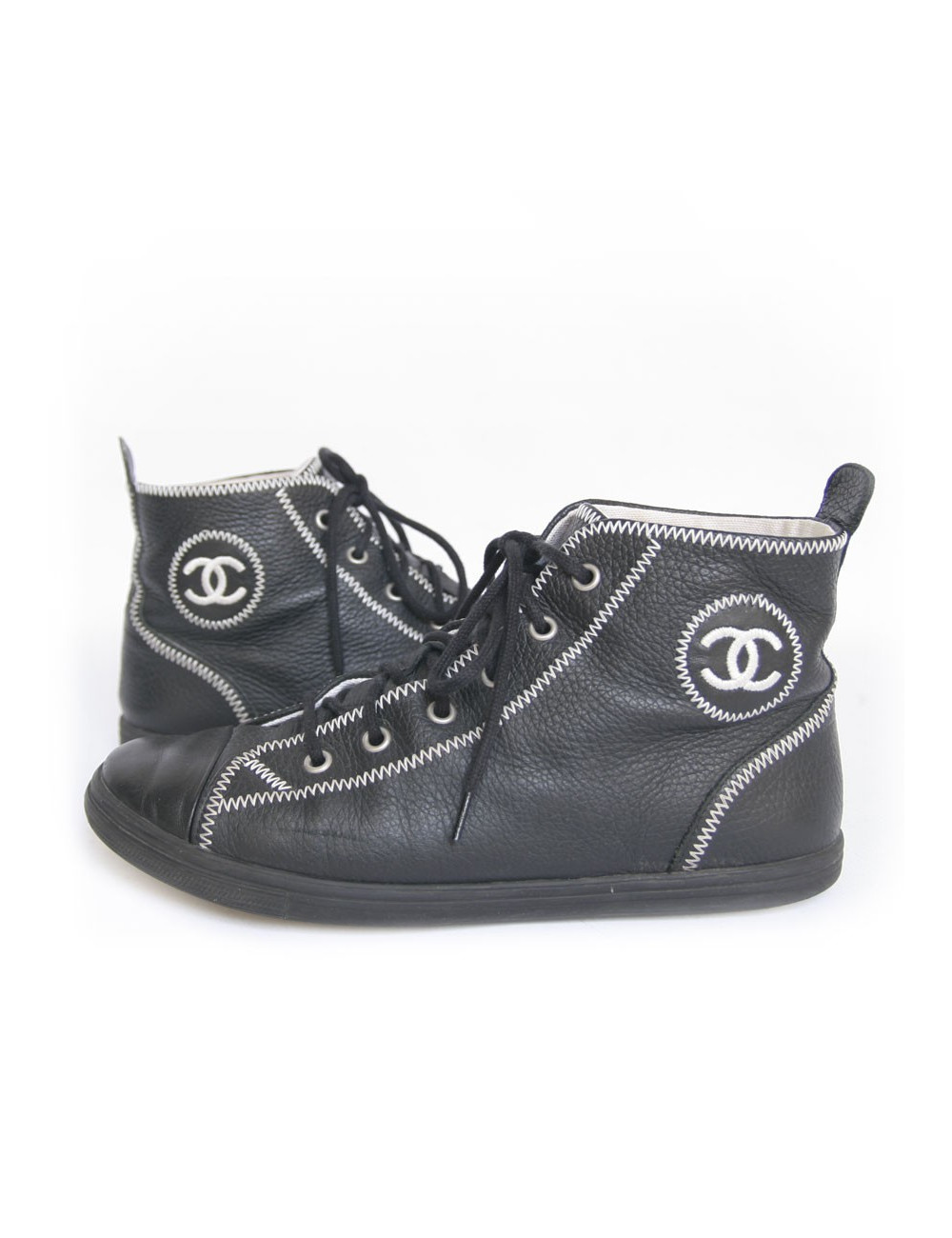 Baskets CHANEL T 39.5 cuir grainé  noiret surpiqûres  