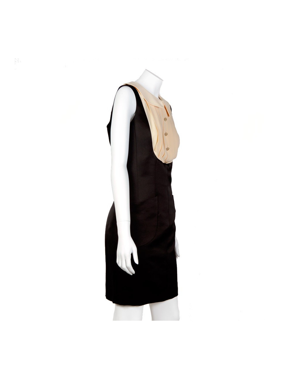 Robe CHANEL satin duchesse noire et soie beige