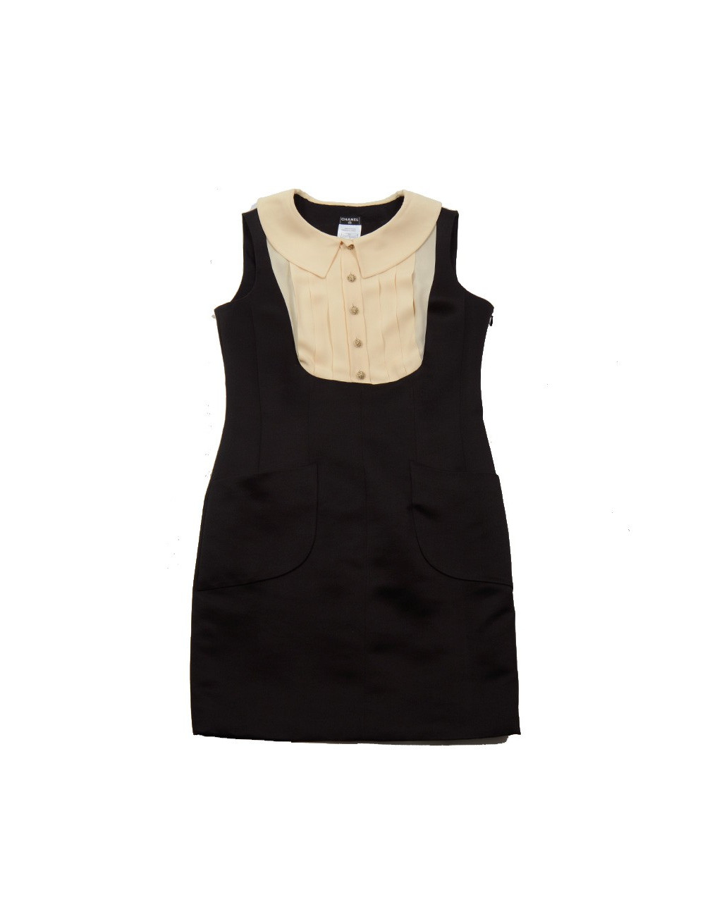 Robe CHANEL satin duchesse noire et soie beige