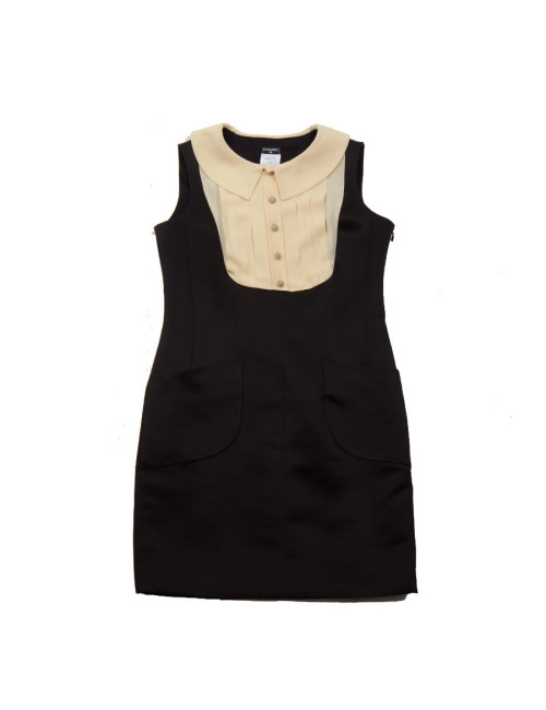 Robe CHANEL satin duchesse noire et soie beige
