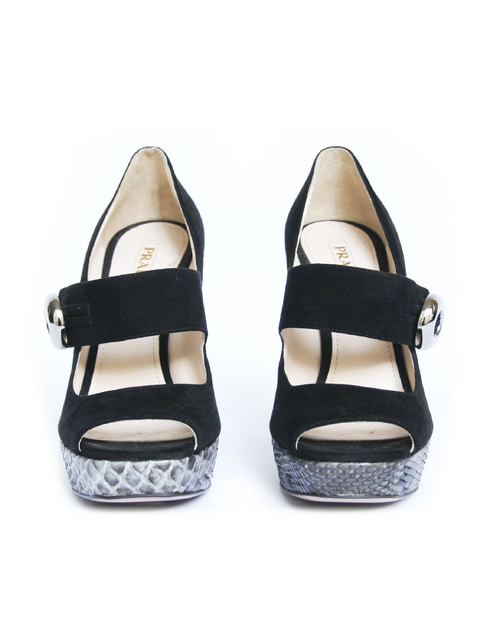 Escarpins PRADA velours noir et serpent gris T40