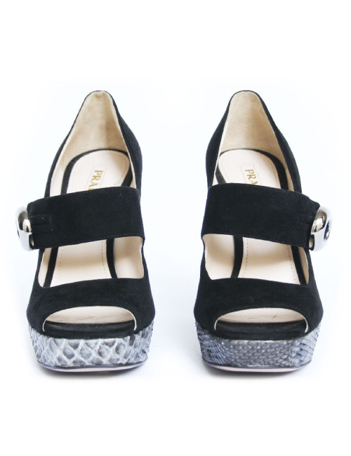 Escarpins PRADA velours noir et serpent gris T40