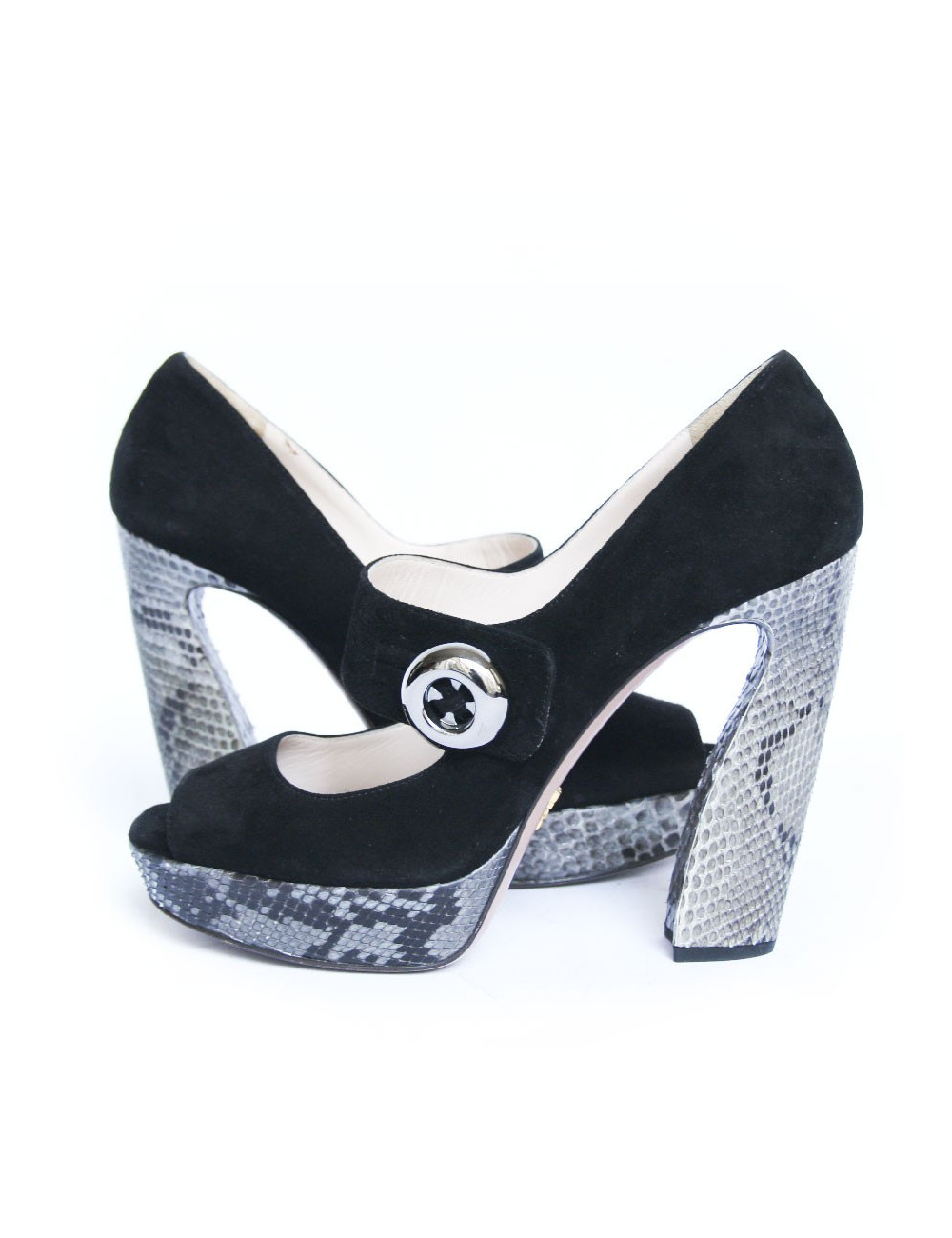 Escarpins PRADA velours noir et serpent gris T40
