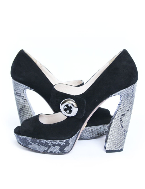 Escarpins PRADA velours noir et serpent gris T40