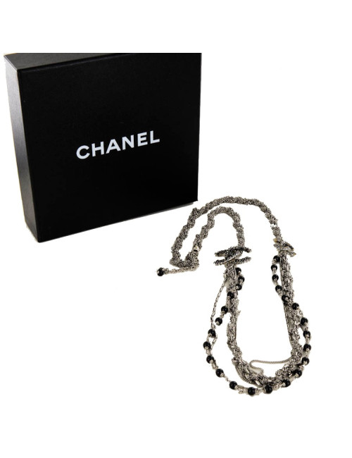 Sautoir CHANEL argent vieilli et strass et perles noires