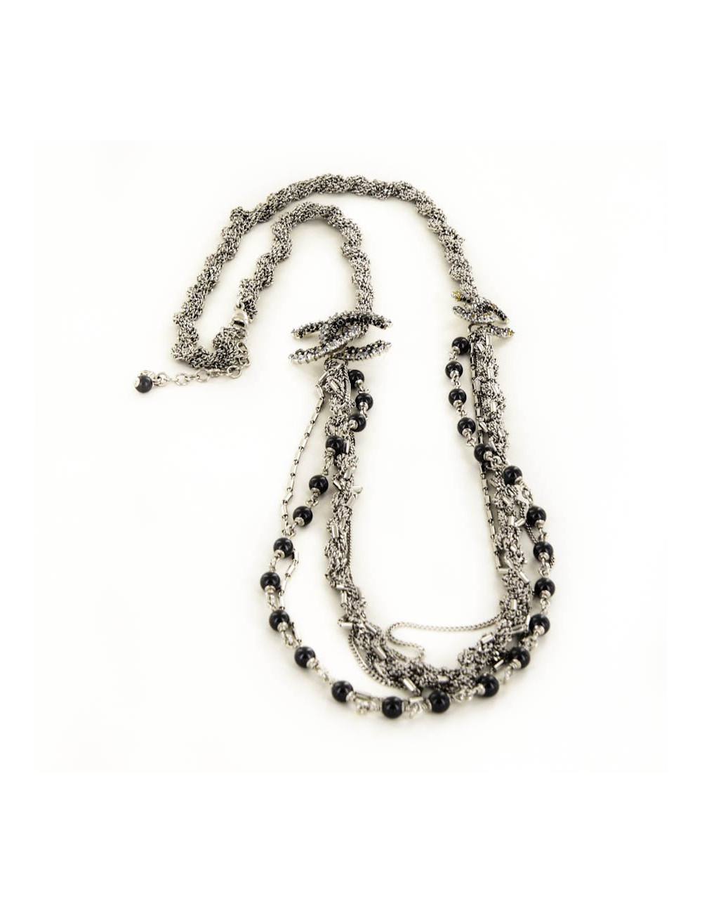 Sautoir CHANEL argent vieilli et strass et perles noires