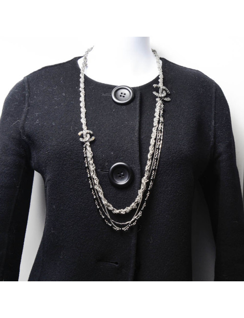 Sautoir CHANEL argent vieilli et strass et perles noires