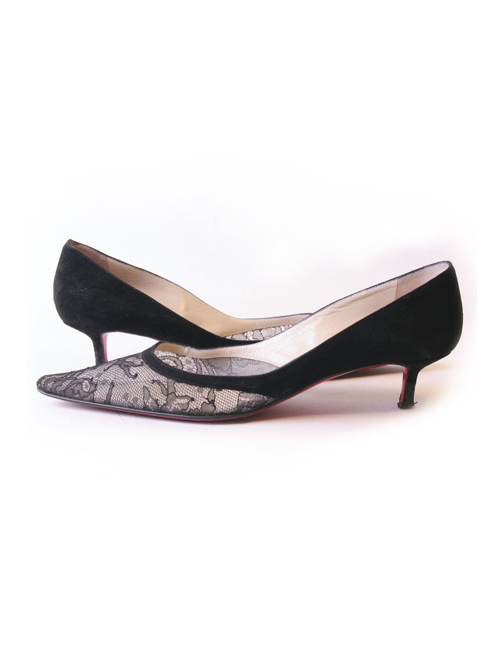 Escarpins LOUBOUTIN T38,5 veau velour noir et dentelle noire 