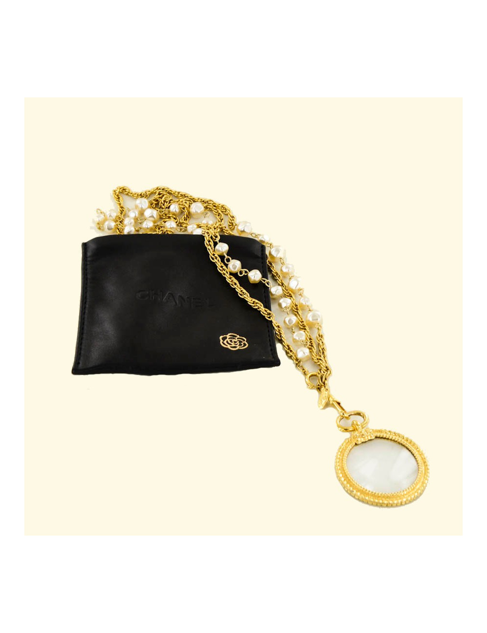 Sautoir double CHANEL chaines et perles et loupe Vintage
