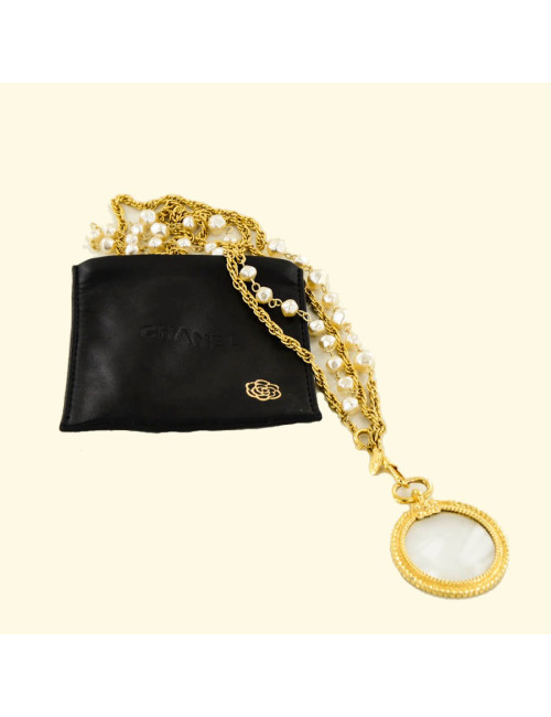 Sautoir double CHANEL chaines et perles et loupe Vintage